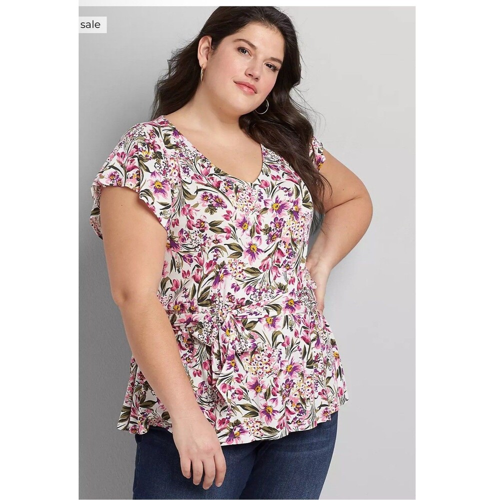 Lane Bryant Flutter-sleeve Belted Top Evelyn Floral Sz 18/20 Casual Femenine